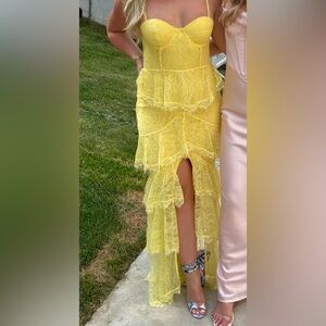 MAJORELLE Yellow Ruffled Tiered Gown for Wedding Guest